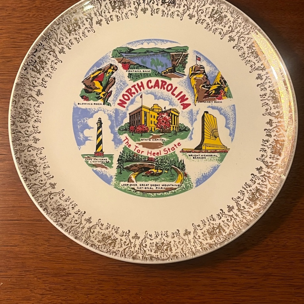 Vintage North Carolina Souvenir Plate • Tar Heel State • Gold Rim Decor